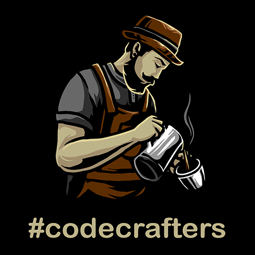 Code Crafters Cafe logo. The barista pours coffee, and there is a sign below #codecrafters.